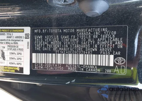 2009 Toyota Matrix S z USA, uszkodzony, nr VIN 2T1KE40E09C029482